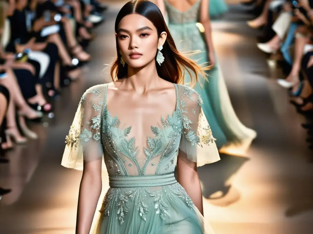 Vestido de Elie Saab, Alta Costura, con encaje, bordados florales y capas de tul y gasa, evocando el romanticismo en la moda