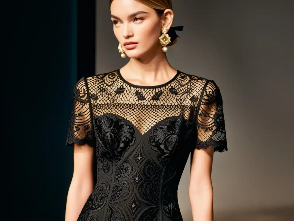 Un vestido de encaje negro icónico de Dolce & Gabbana, resaltando la elegancia atemporal y el impacto cultural de Dolce & Gabbana en la moda italiana