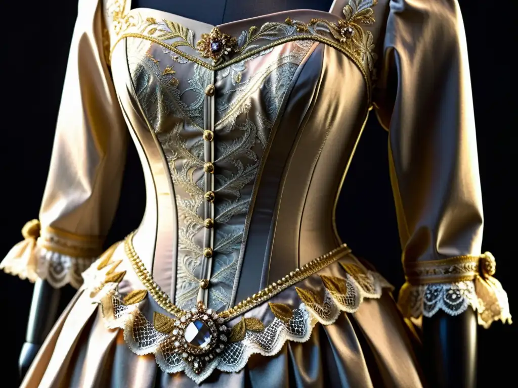 Un vestido de época victoriana, con detalles y texturas exquisitas, resaltando la opulencia y artesanía