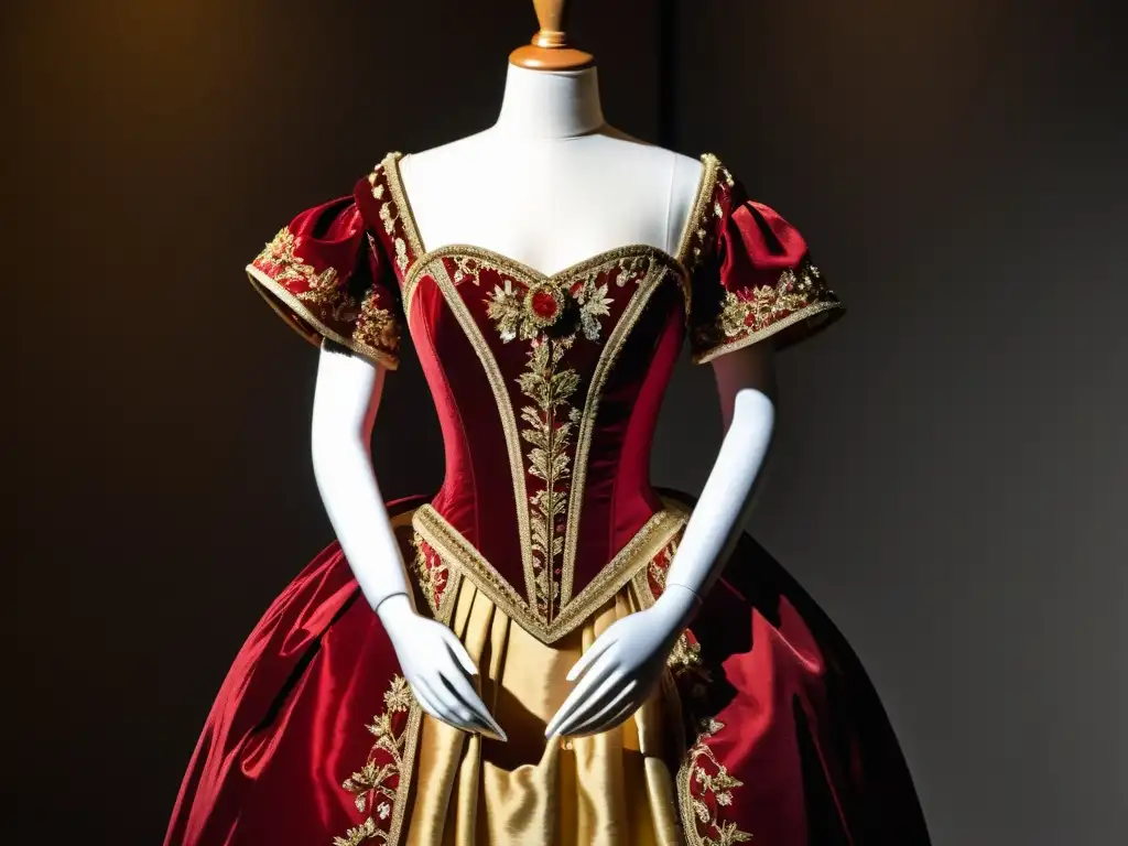 Vestido femenino del siglo XVII, lujosamente decorado, exhibido en un museo con iluminación tenue, evocando opulencia histórica