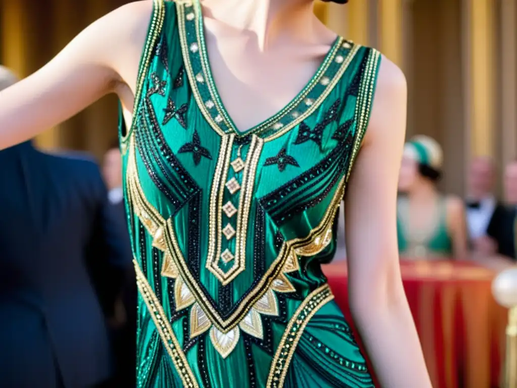 Vestido de fiesta estilo años 20 con simbolismo indumentaria El Gran Gatsby, en medio de una fiesta de la era del jazz