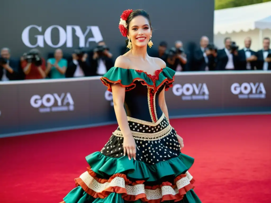 Vestido de flamenco con bordados y colores vibrantes, estilo español en la noche de los Premios Goya