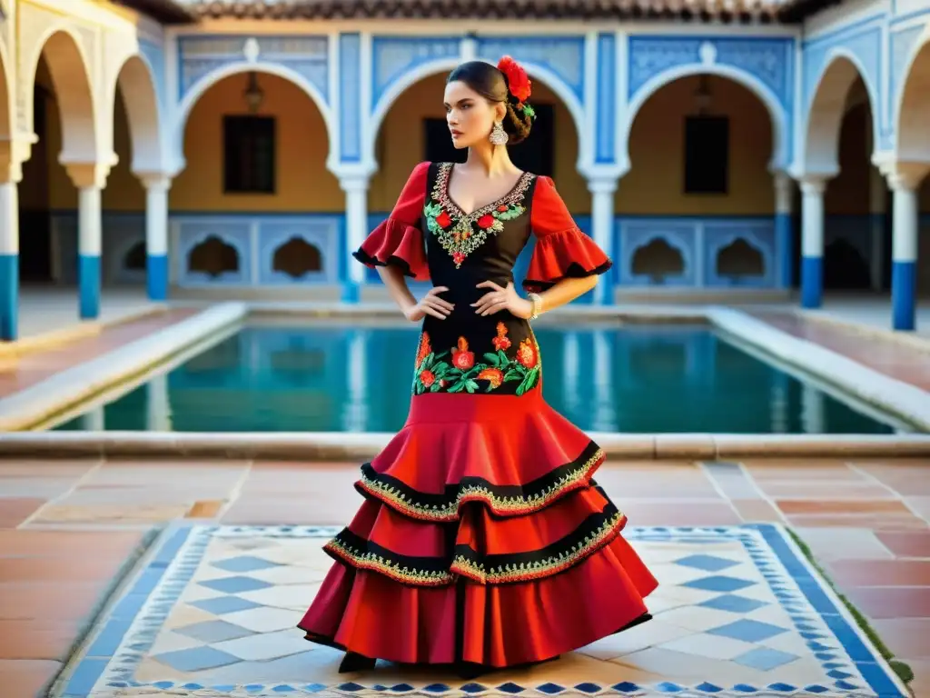 Vestido de flamenco español con bordados detallados, colores vibrantes y capas de tela, en un patio histórico con arquitectura ornamental y azulejos