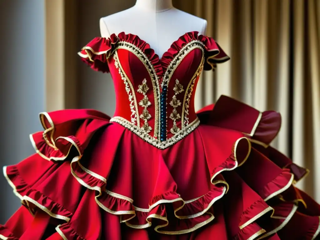 Un vestido de flamenco rojo vibrante con detalles intrincados, capturando la influencia española en la moda con su diseño apasionado y dramático