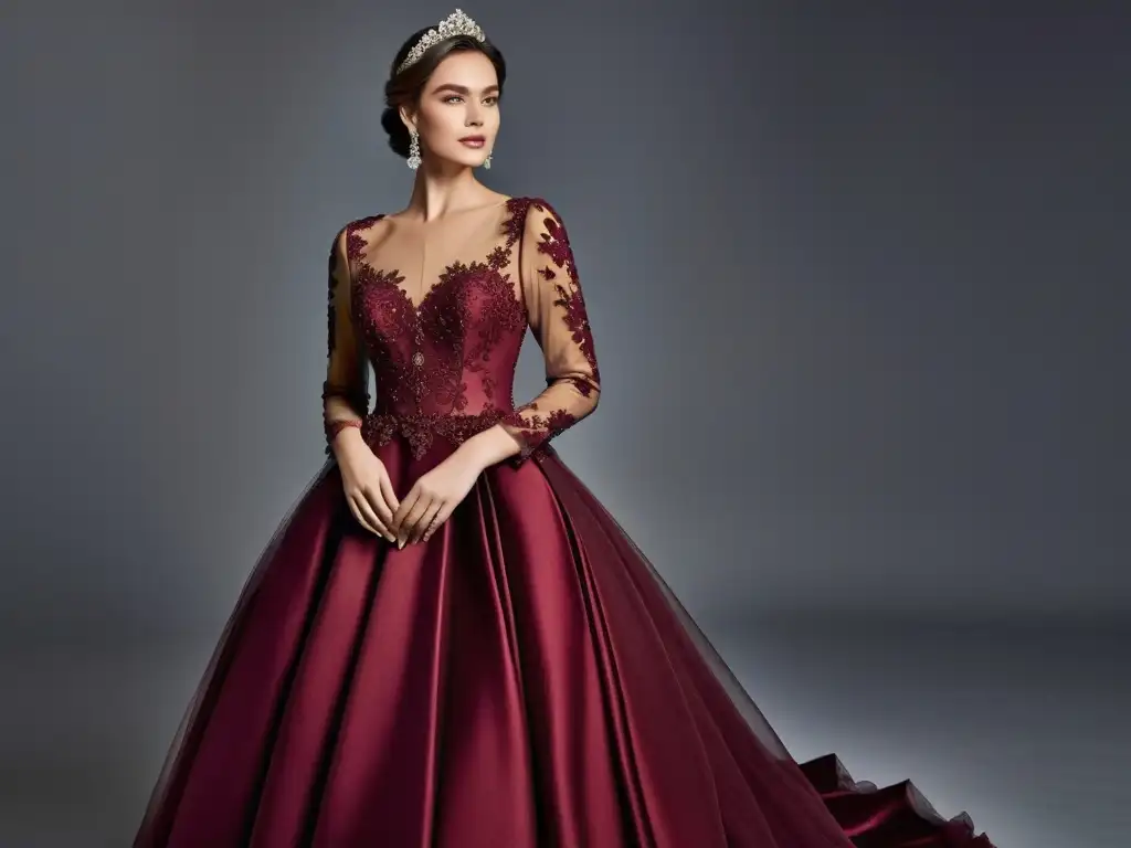 Un vestido de gala en burgundy con encaje, bordados florales y cristales