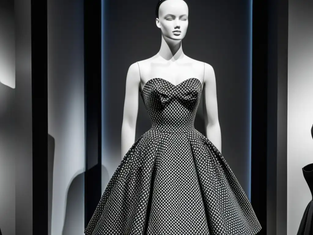 Vestido icónico de alta costura: el Dior 'New Look' de 1947 en un maniquí de museo, capturando la elegancia atemporal de la moda