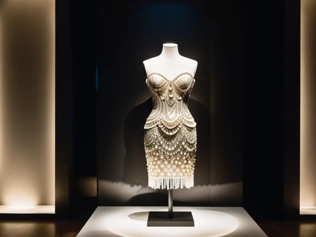 Vestido icónico de Alexander McQueen, impacto colección Savage Beauty moda, exhibido en sala tenue con detalles y visitantes admirando en silueta