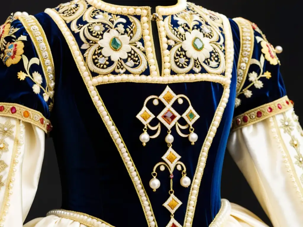 Vestido lujoso de la moda corte europea siglo XVI, con bordados, terciopelo, perlas y gemas en tonos ricos y opulentos