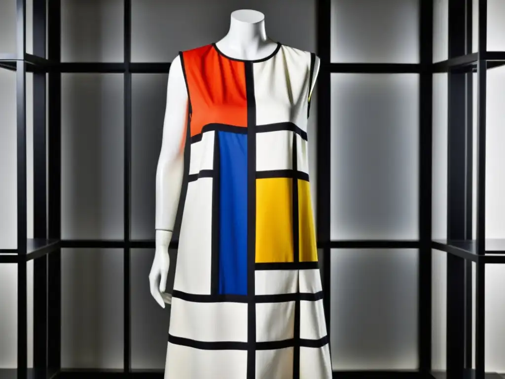 Vestido Mondrian de Yves Saint Laurent exhibido en museo, admirado por visitantes, reflejando el impacto cultural de la moda