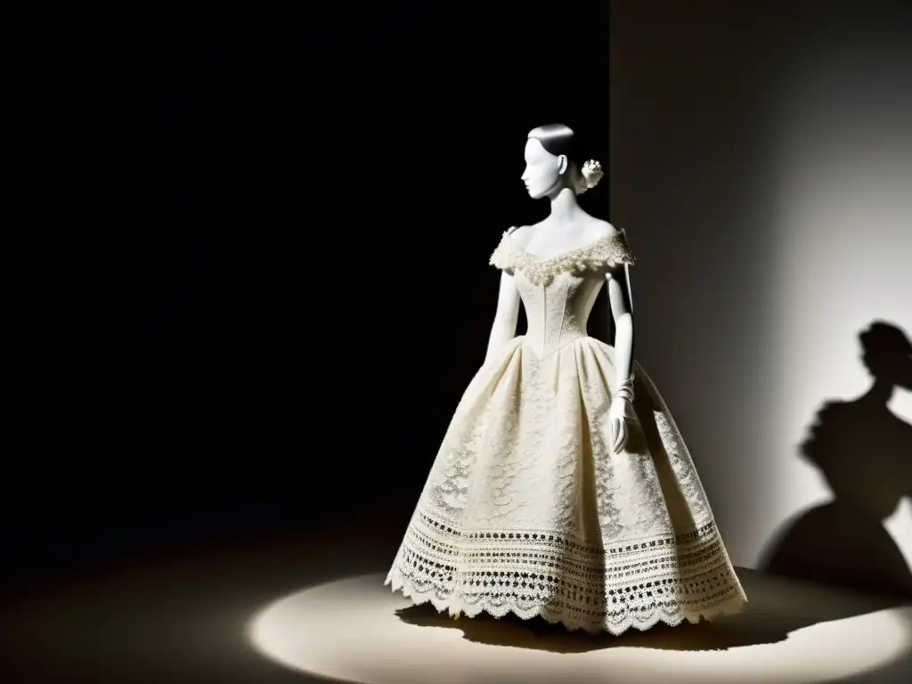 Vestido infanta de Balenciaga en museo, impacto cultural moda siglos, luces y sombras realzan elegancia y detalle