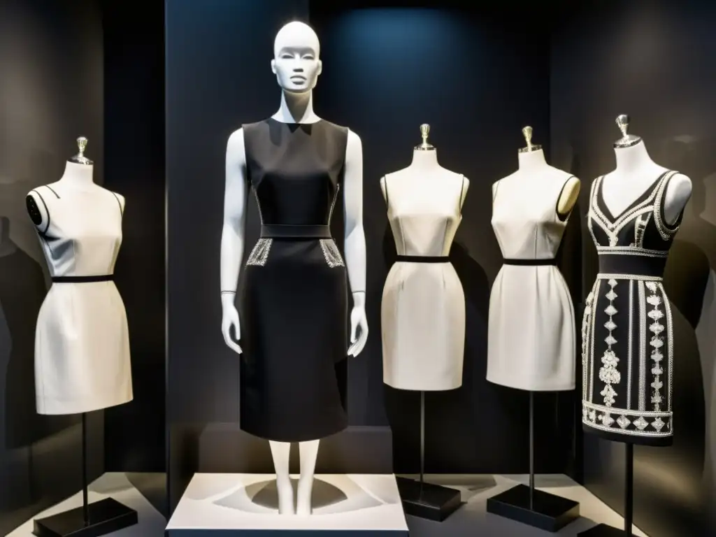 Vestido negro de Givenchy en maniquí, rodeado de bocetos y contexto histórico