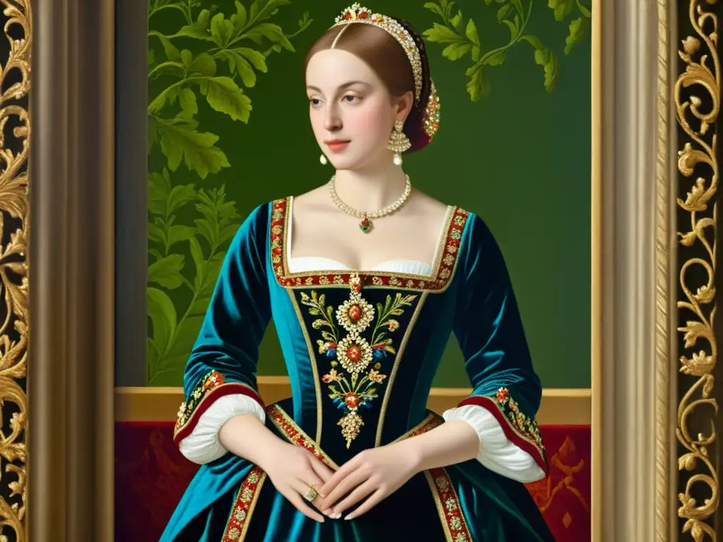 Evolución histórica del vestido: Pintura renacentista de una noble con exquisitos detalles de vestimenta y opulencia en un salón o jardín