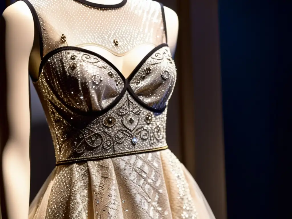 Vestido Junon Dior moda posguerra exhibido con luces destacando detalles y elegancia atemporal en atelier