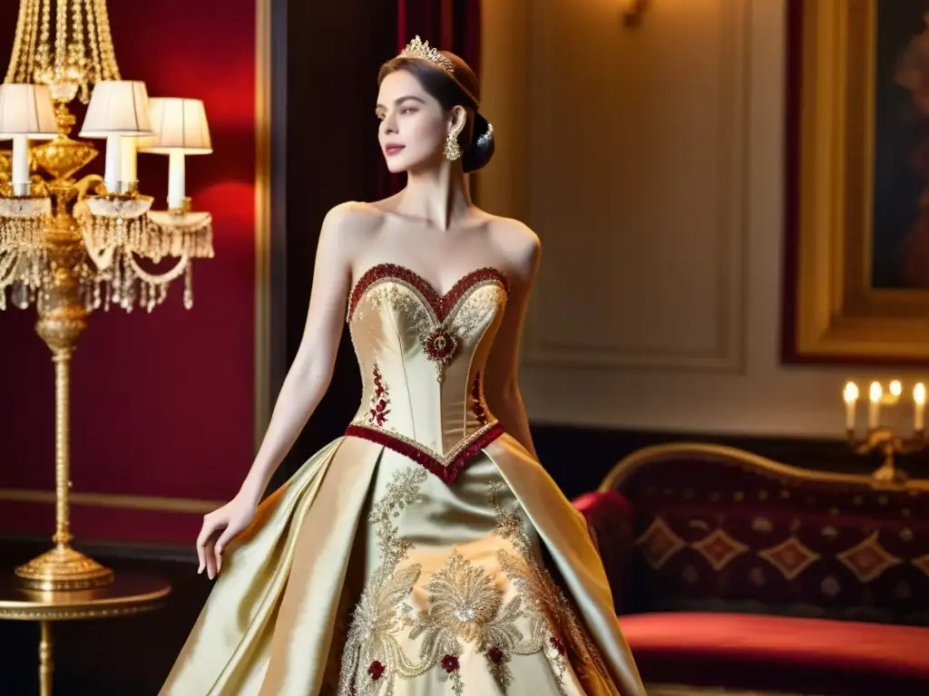 Vestido de seda bordado en tonos de oro y carmesí, con detalles de encaje y perlas, en un salón de baile real