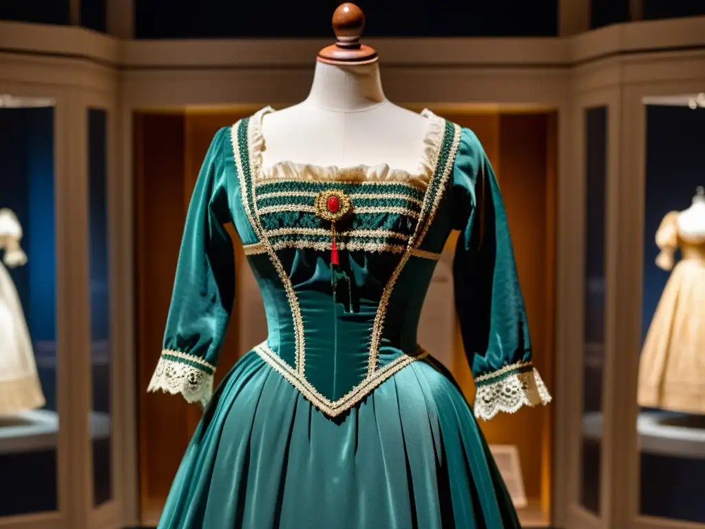 Vestido del siglo XIX con influencias de la moda transatlántica en un museo con iluminación tenue