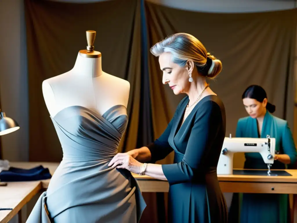 Alta costura: Madame Grès dando vida a la elegancia atemporal Madame Grès crea con maestría vestidos en su atelier, rodeada de lujosos tejidos y su equipo de costureras