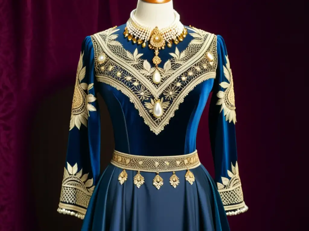 Vestimenta en la América colonial: Vestido azul con encaje y bordados dorados, joyas de perlas y fondo de terciopelo oscuro