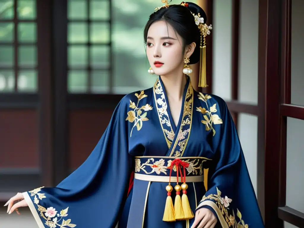 Vestimenta tradicional china hanfu: Robe Hanfu indigo bordada con flores y detalles dorados, exhibida en un maniquí de madera