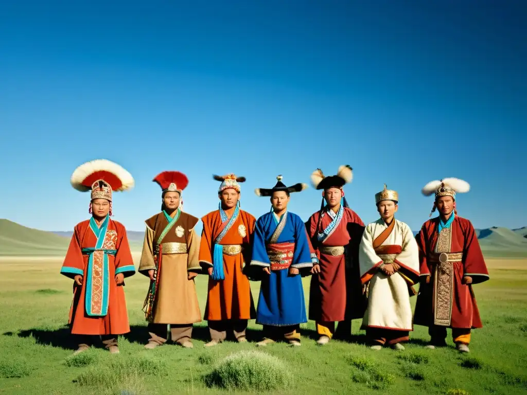 Vestimentas nómadas Mongolia: Grupo de nómadas mongolas vistiendo coloridos deels, con paisaje de la estepa como telón de fondo