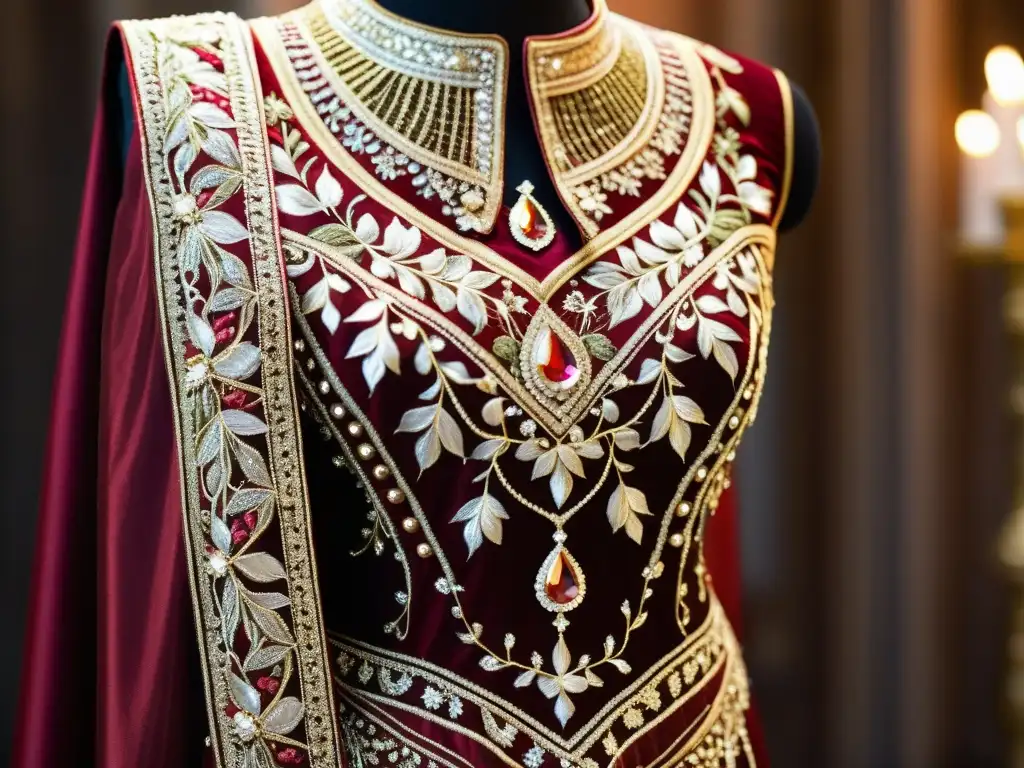 Vestuario lujoso moda india Mughal: Detalle de exquisito bordado en tela escarlata, evocando opulencia y elegancia Mughal