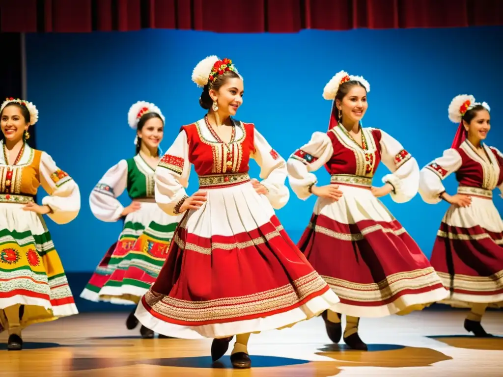 Vibrante actuación de danza folclórica búlgara capturando el impacto cultural del estilo Europa Oriental