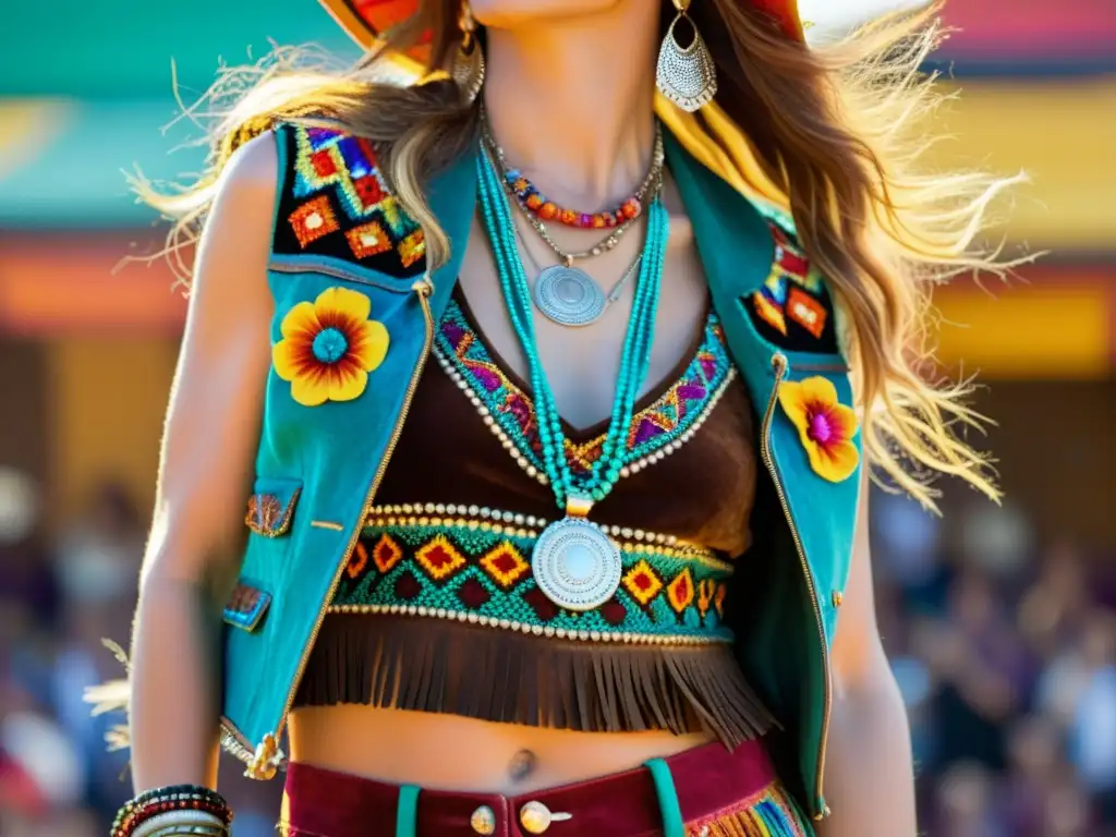 Vibrante atuendo festivalero, legado de Janis Joplin en moda, con detalles coloridos y ambiente bohemio