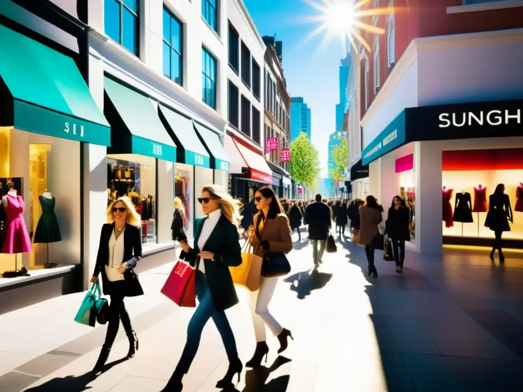 Moda urbana: Escena vibrante de compras en la ciudad Vibrante calle de la ciudad llena de compradores elegantes y tiendas de moda de lujo, creando una atmósfera dinámica y energética