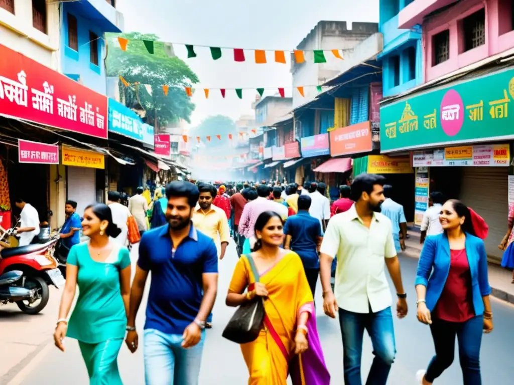 Vibrante calle de la India, muestra la diversidad cultural en la moda de calle, con ropa tradicional y contemporánea