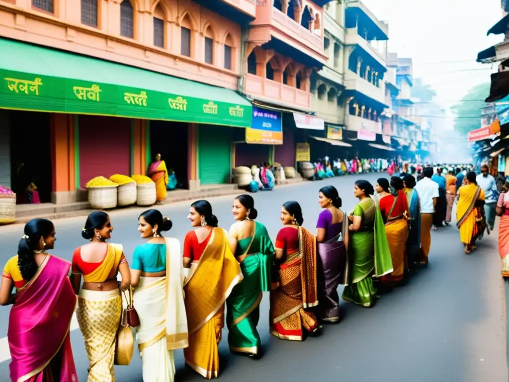 Vibrante calle de la India con mujeres usando saris coloridos, mostrando la historia del sari en India en un escenario cultural y animado