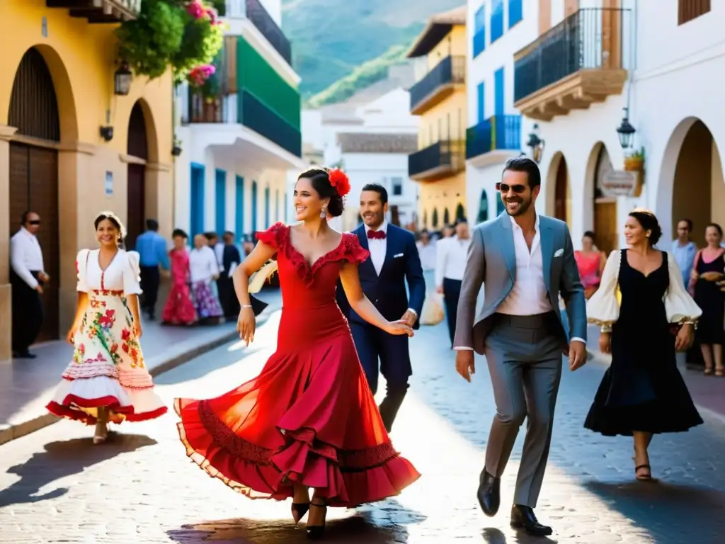 Vibrante calle en Andalucía con Moda flamenca: impacto cultural y tendencias, gente vestida con trajes tradicionales, colores y música