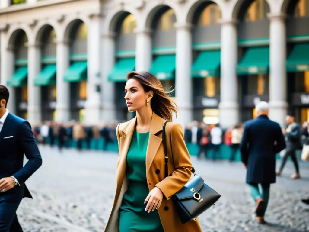 Una vibrante calle de Milán durante la semana de la moda, reflejando la historia de la moda en Italia con estilo y elegancia