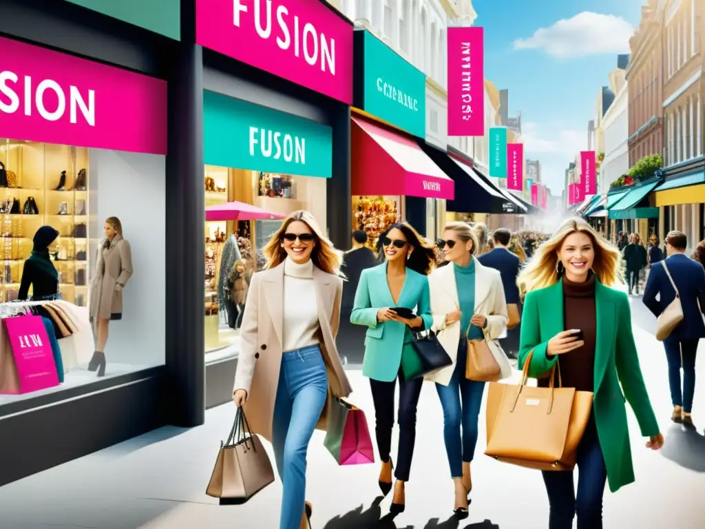 Escena urbana: moda y comercio en la era digital Vibrante calle urbana con boutiques de moda y compradores elegantes