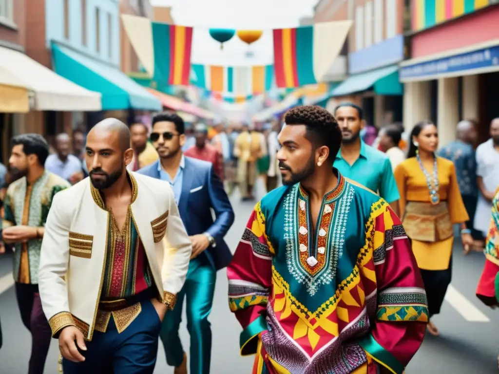 Una vibrante calle urbana durante un festival cultural, con personas de diversos orígenes luciendo coloridos estampados en sus ropas