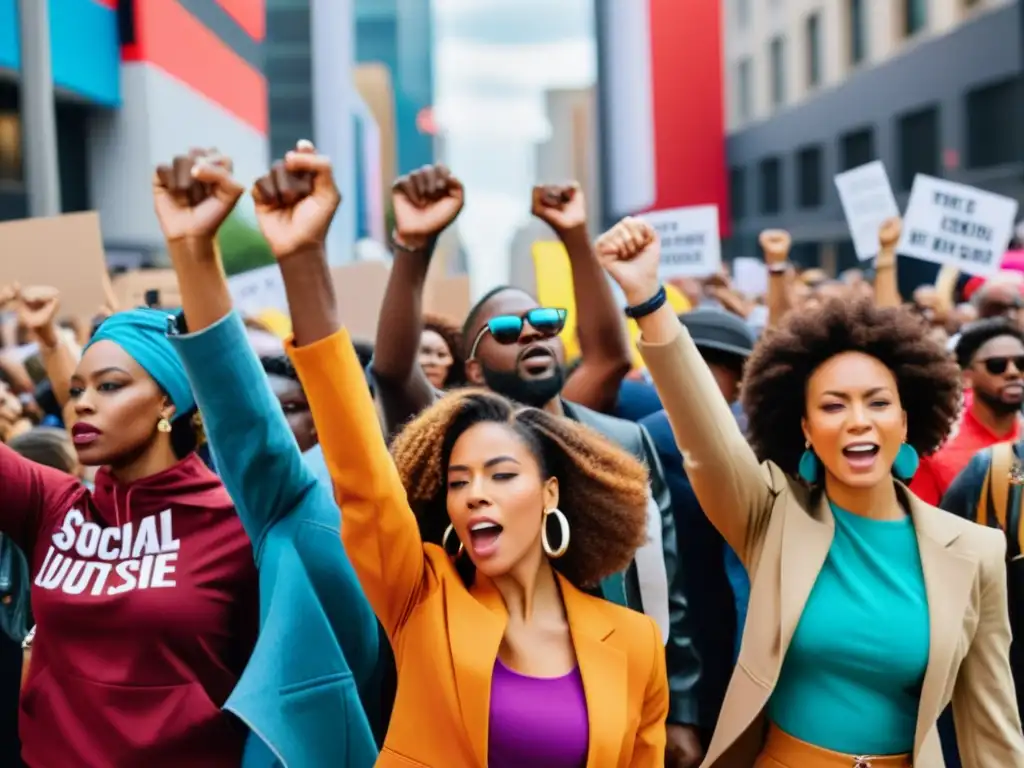 Un vibrante desfile de moda como forma de protesta, donde activistas diversxs marchan con determinación en un entorno urbano contemporáneo