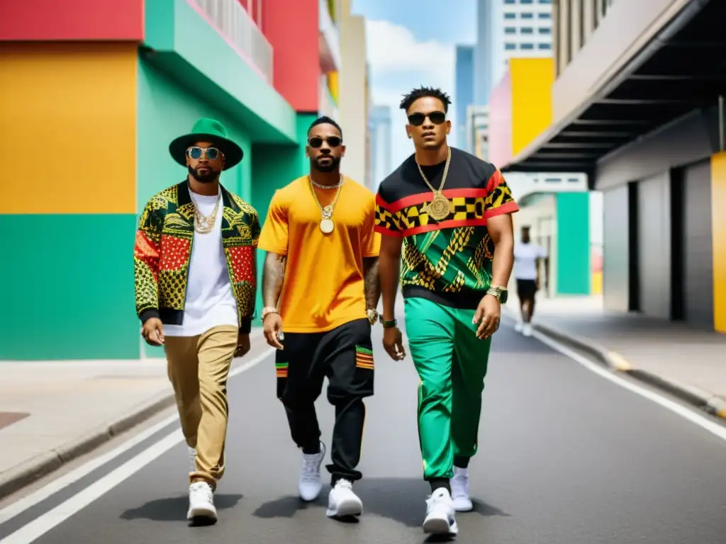 Un vibrante desfile de moda urbana con impacto del reguetón en la moda, reflejando energía, confianza y celebración en la ciudad