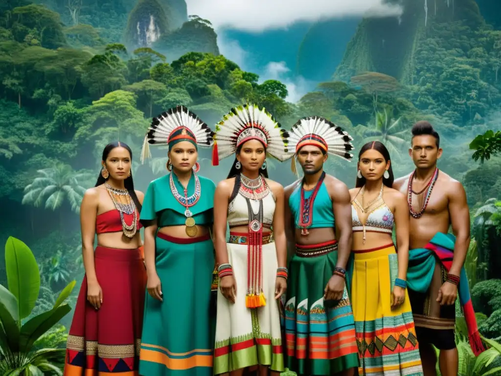 Una vibrante escena de comunicación cultural: indígenas vistiendo trajes tradicionales en la exuberante selva