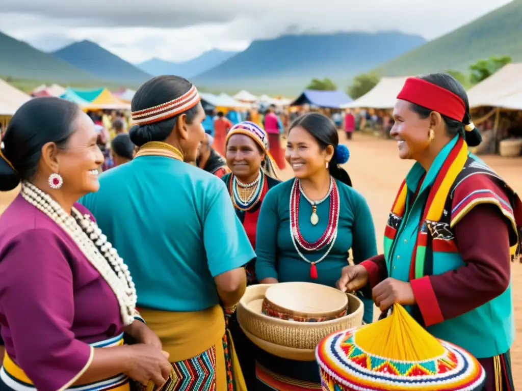 Una vibrante escena de un mercado indígena, con impacto cultural y moda tradicional en la historia de la comunidad