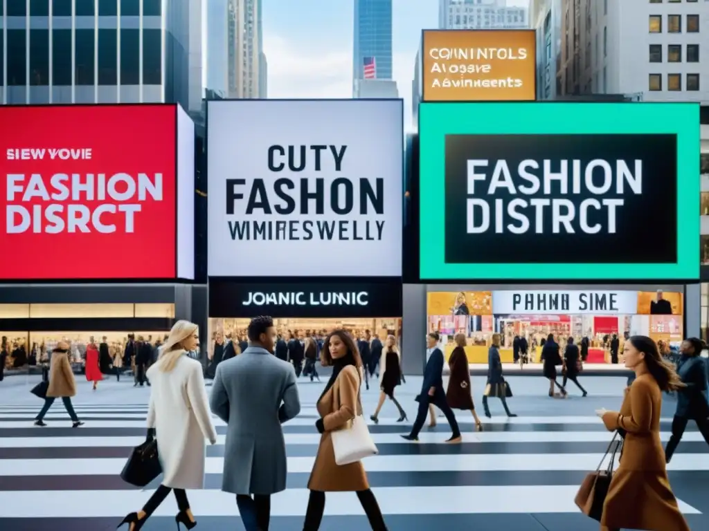 Vibrante escena de la moda en una metrópolis, con publicidad pagada en moda inteligente y diseñadores intercambiando ideas con influencers