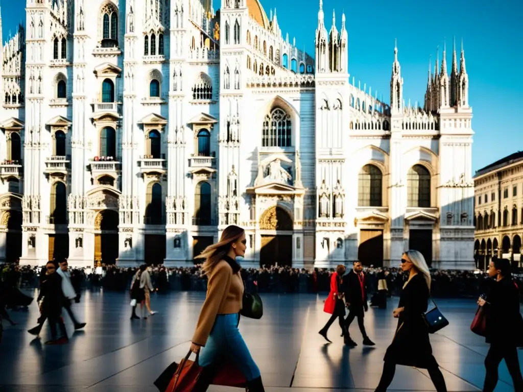 Vibrante escena de la semana de la moda en Milán, con la catedral Duomo di Milano de fondo y la comparativa gigantes lujo online