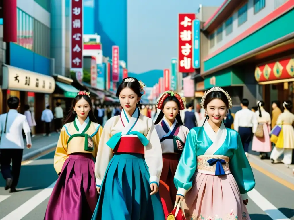 Vibrante escena urbana en Seúl, donde se fusiona la elegancia tradicional del hanbok con la modernidad del KPop