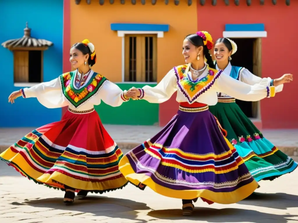 Un vibrante espectáculo de danzas folclóricas mexicanas con trajes típicos reflejando la identidad cultural a través de sus detalles y colores