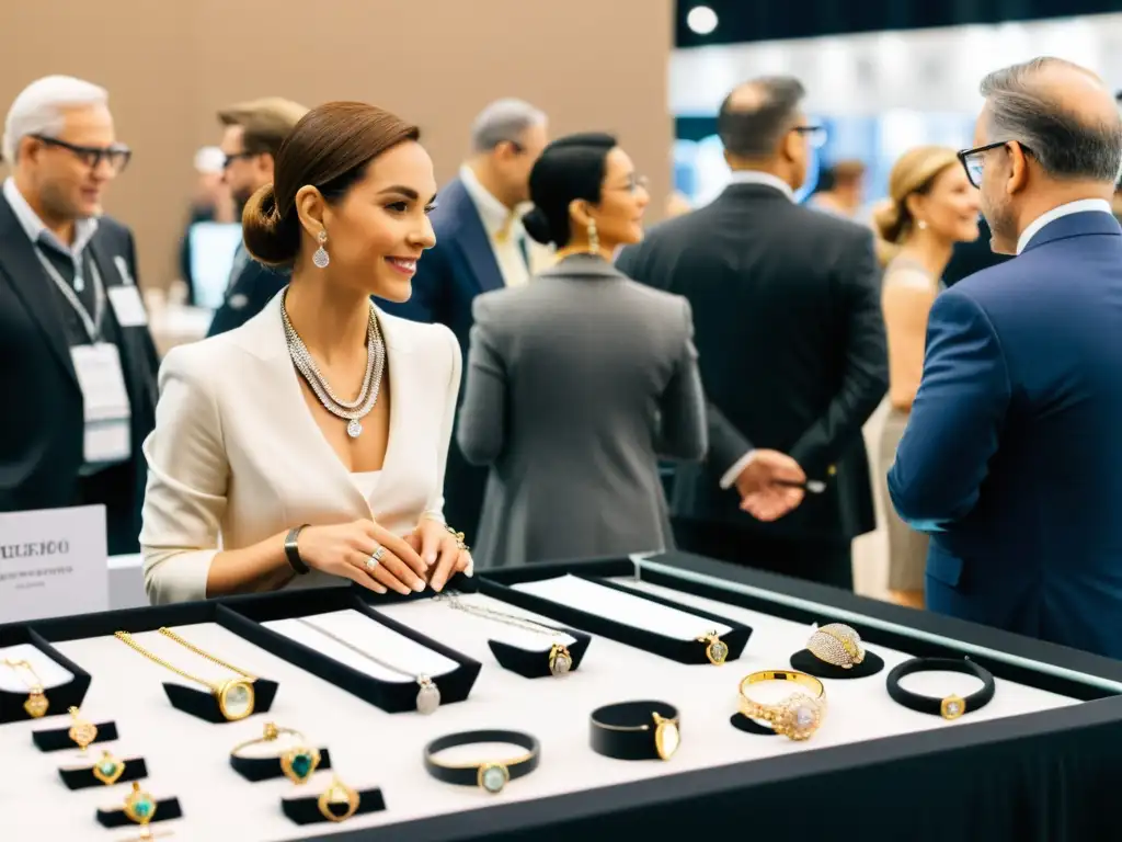 Vibrante feria internacional de joyería con lujo y elegancia, profesionales y artesanía detallada de diamantes