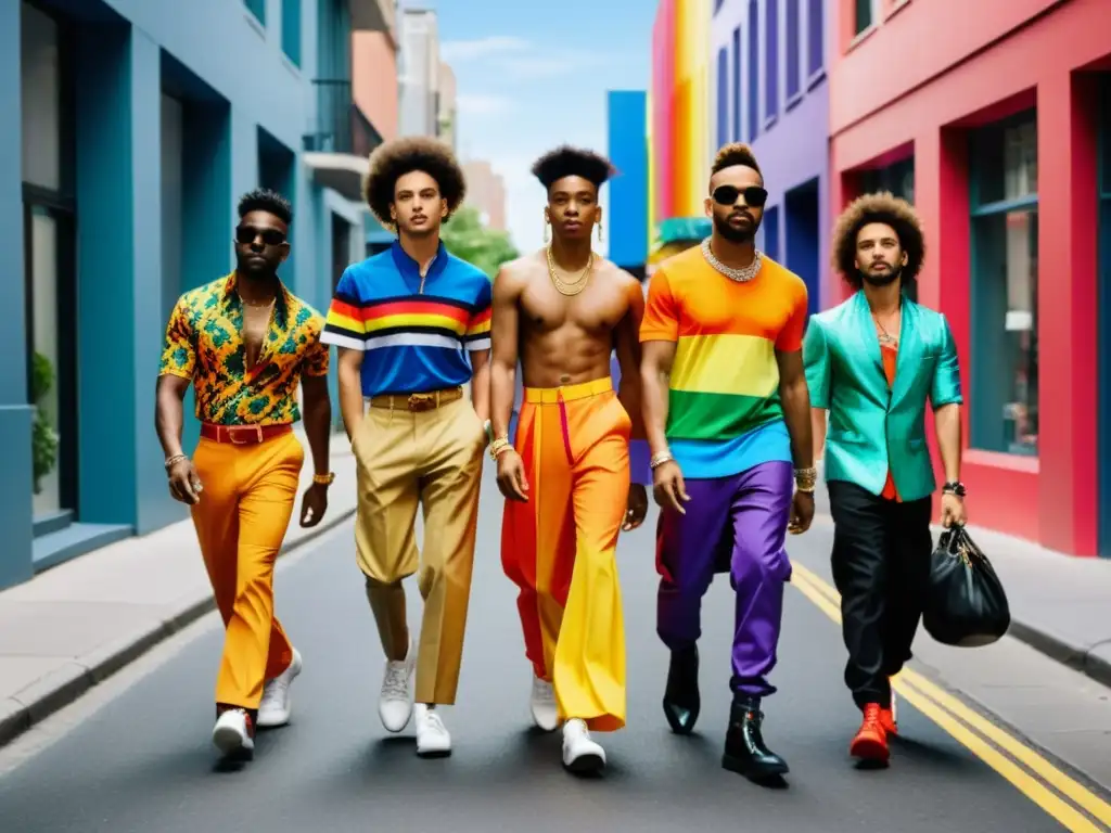 Un vibrante grupo desfila con atuendos expresivos en la ciudad, reflejando la influencia de la moda gay en la cultura mainstream