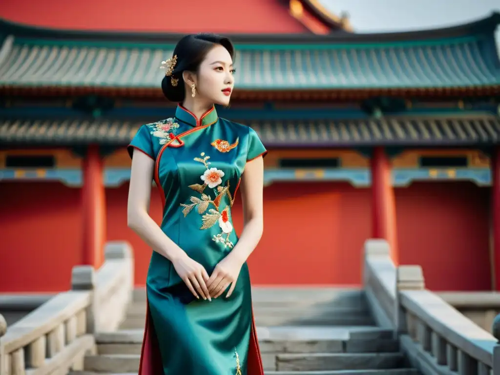 Una vibrante imagen de un elegante cheongsam chino con intrincado bordado, colores vibrantes y silueta elegante, frente a arquitectura tradicional