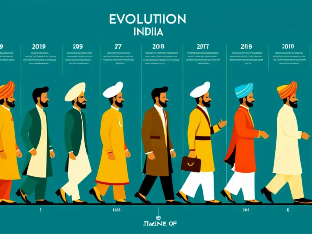 Vibrante línea de tiempo ilustrando la evolución de la moda masculina en India, desde dhotis y kurtas hasta estilos contemporáneos