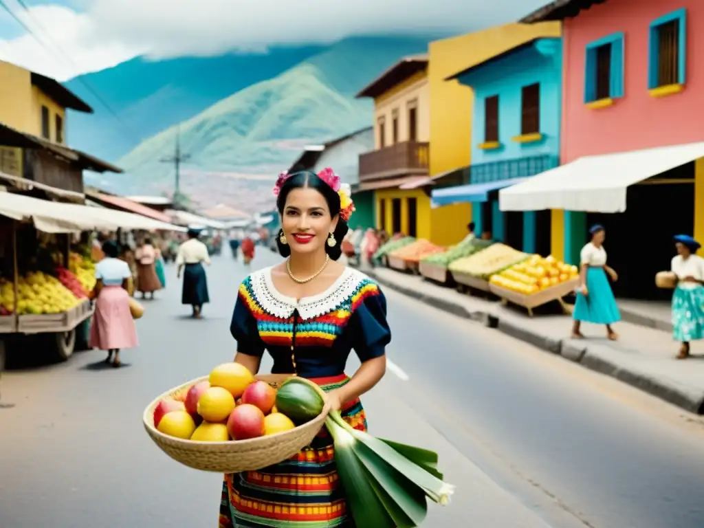 Vibrante mercado en Colombia de los años 50, mujeres venden frutas y flores con trajes tradicionales