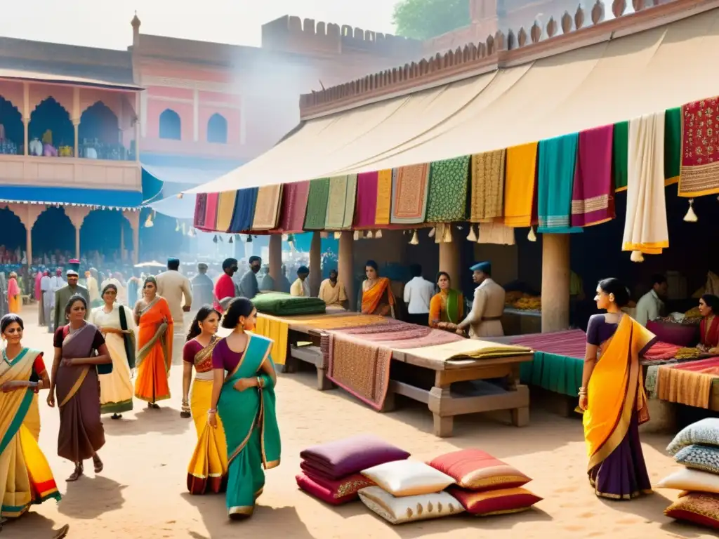 Vibrante mercado colonial en India con mujeres en sarees coloridos regateando telas, mientras soldados británicos observan