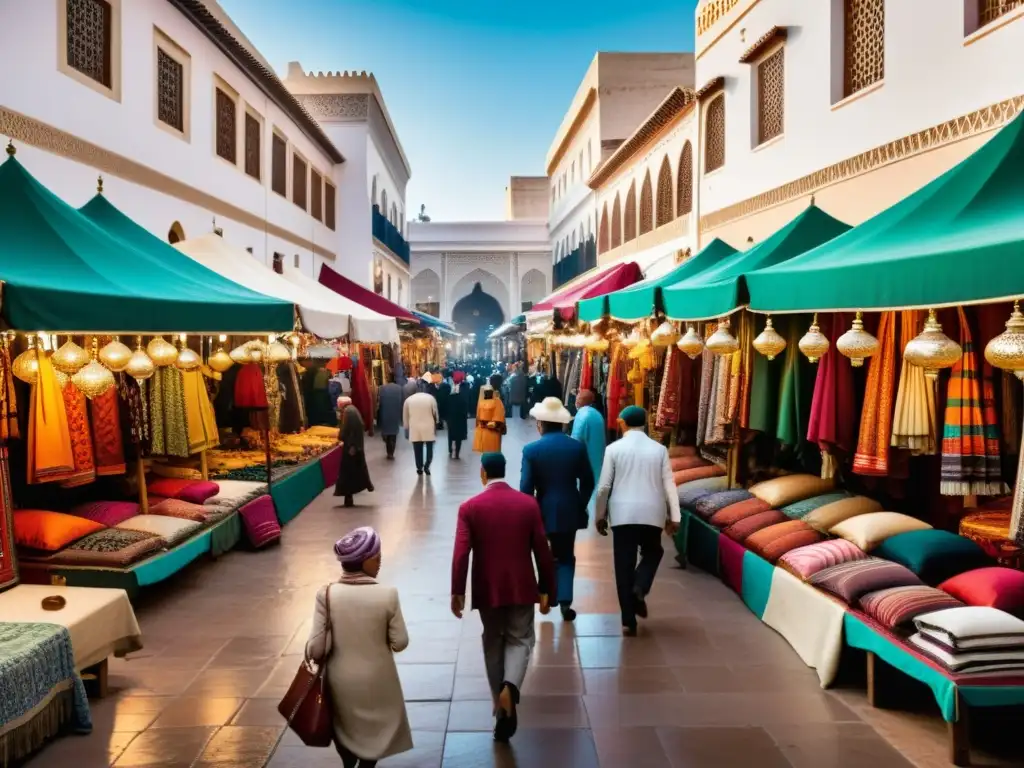 Vibrante mercado en Casablanca con coloridos textiles marroquíes en exhibición