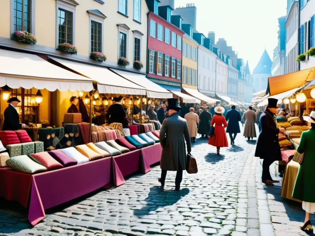 Vibrante mercado europeo del siglo XVIII, con elegantes compradores y exquisita moda