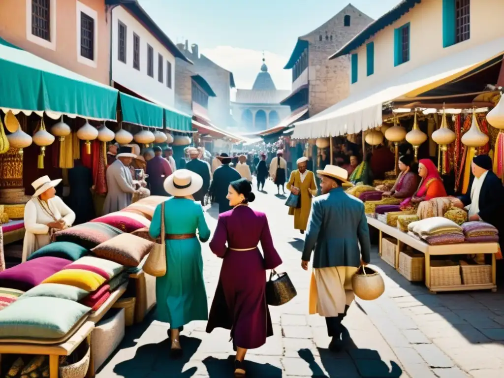 Vibrante mercado histórico con moda tradicional y vívido intercambio cultural, reflejando el impacto cultural de la moda a lo largo de la historia